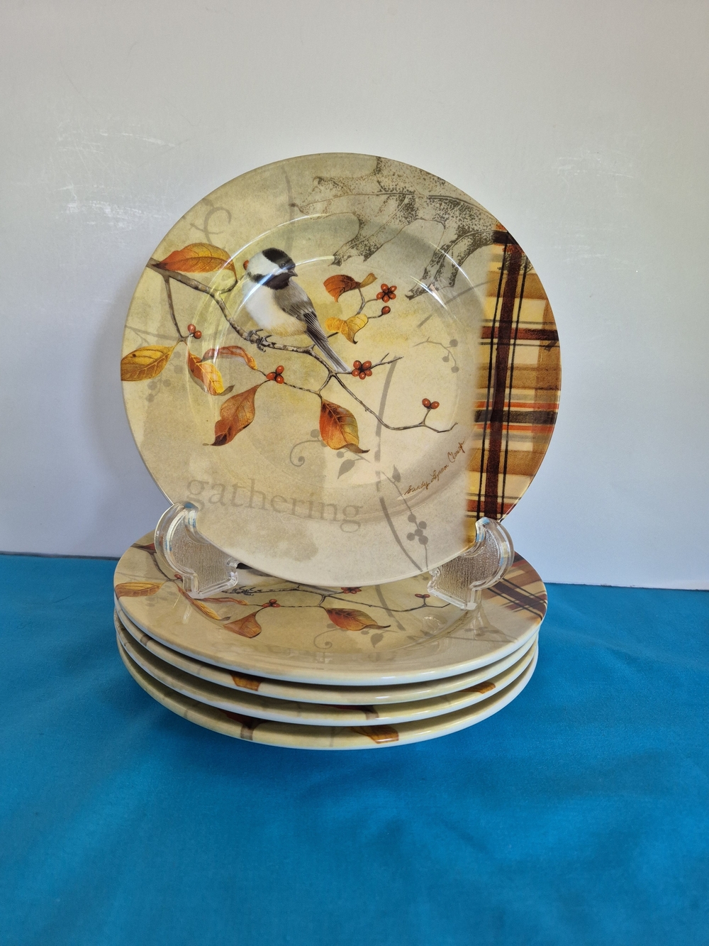 Autumn Gathering Chickadee Bird Stoneware Salad Plates Set of 6 Cypress